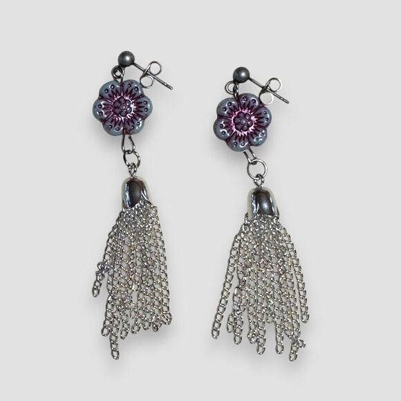 Wild Rose Flower Chain Tassel Earrings Stainless Steel Posts - Picture 4 of 10